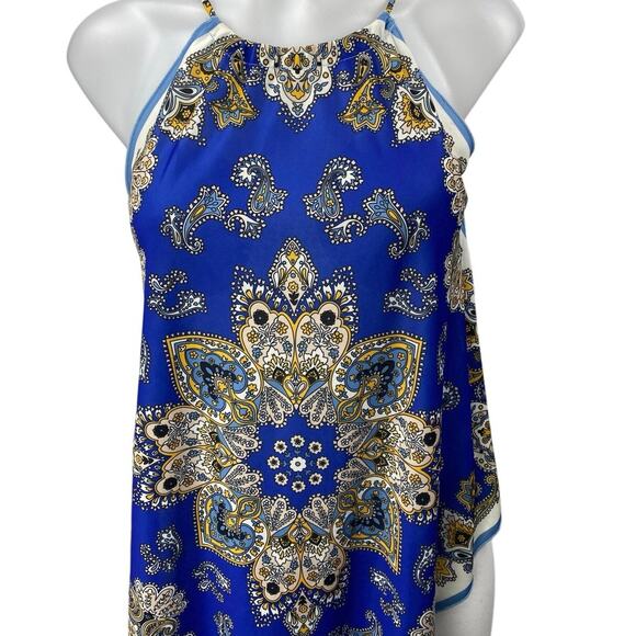 Zara Blue Floral Paisley Sleeveless Scarf Asymmetric High Neck Tank Blouse Top S - Picture 4 of 6
